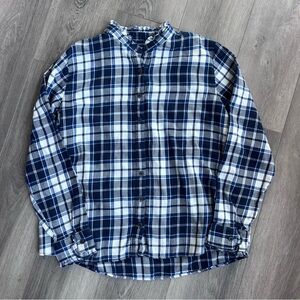 Lands End Plaid Flannel Shirt Womens Large 14-16 Blue White Collared Button Up